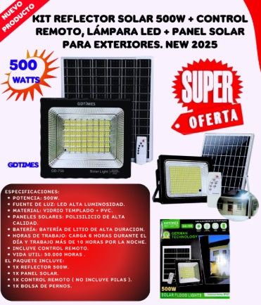 Kit Reflector Solar 500w + Control Remoto, Lámpara Led + Panel Solar Para